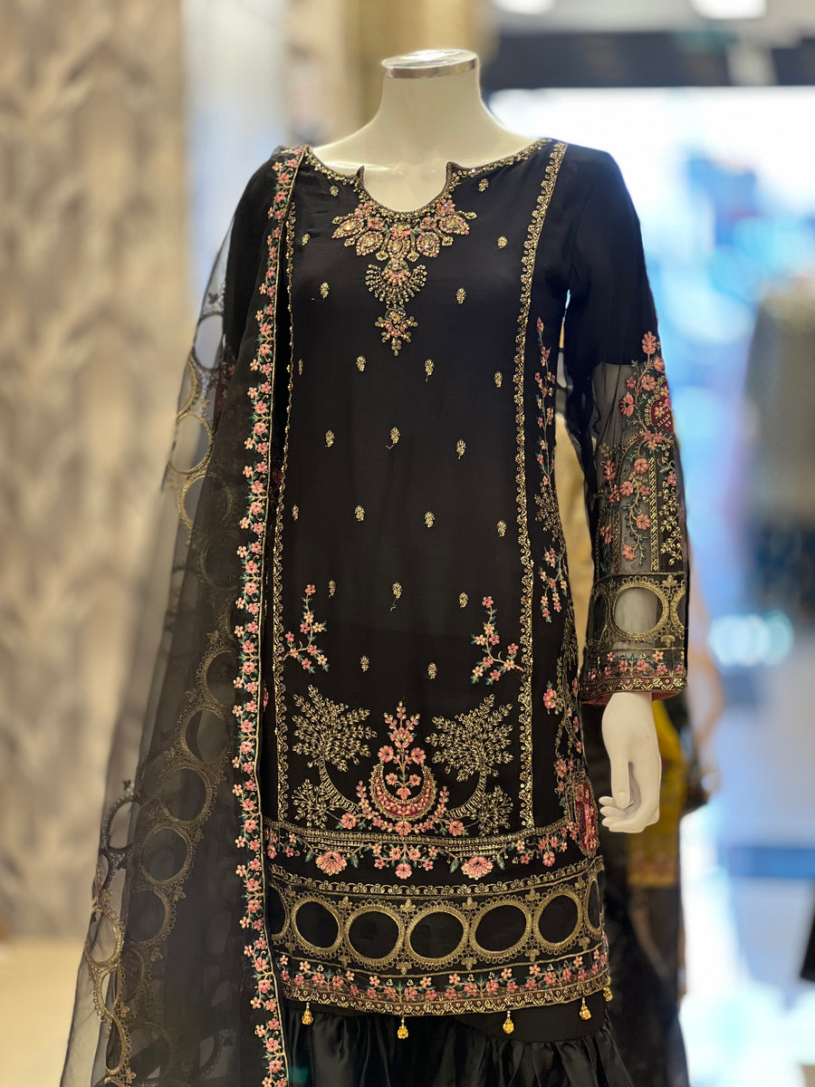 Kashish Vol - 2 Chiffon Shirt With Silk Garara & Net Scarf Eid Collection 2024 -RN04- Black