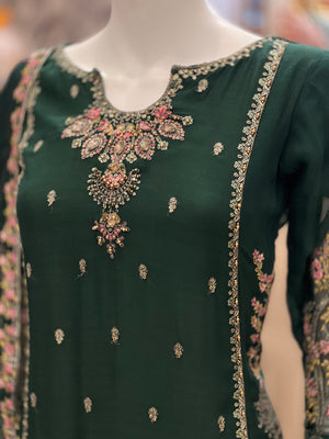 Kashish Vol - 2 Chiffon Shirt With Silk Garara & Net Scarf Eid Collection 2024 -RN02- Bottle Green