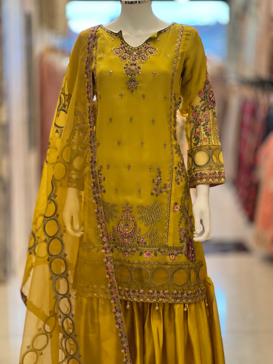 Kashish Vol - 2 Chiffon Shirt With Silk Garara & Net Scarf Eid Collection 2024 -RN02- Olive Green