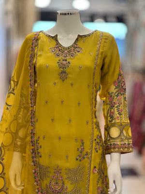 Kashish Vol - 2 Chiffon Shirt With Silk Garara & Net Scarf Eid Collection 2024 -RN02- Olive Green