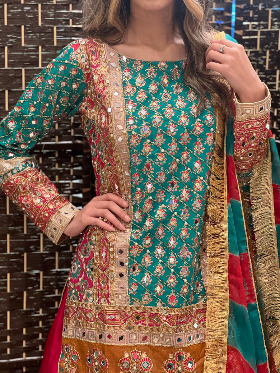 GURYA MEHNDI COLLECTION 2024 PRE ORDER (READY IN 8 WEEKS) MULTI MIRROR SHIRT WITH PLAZZO