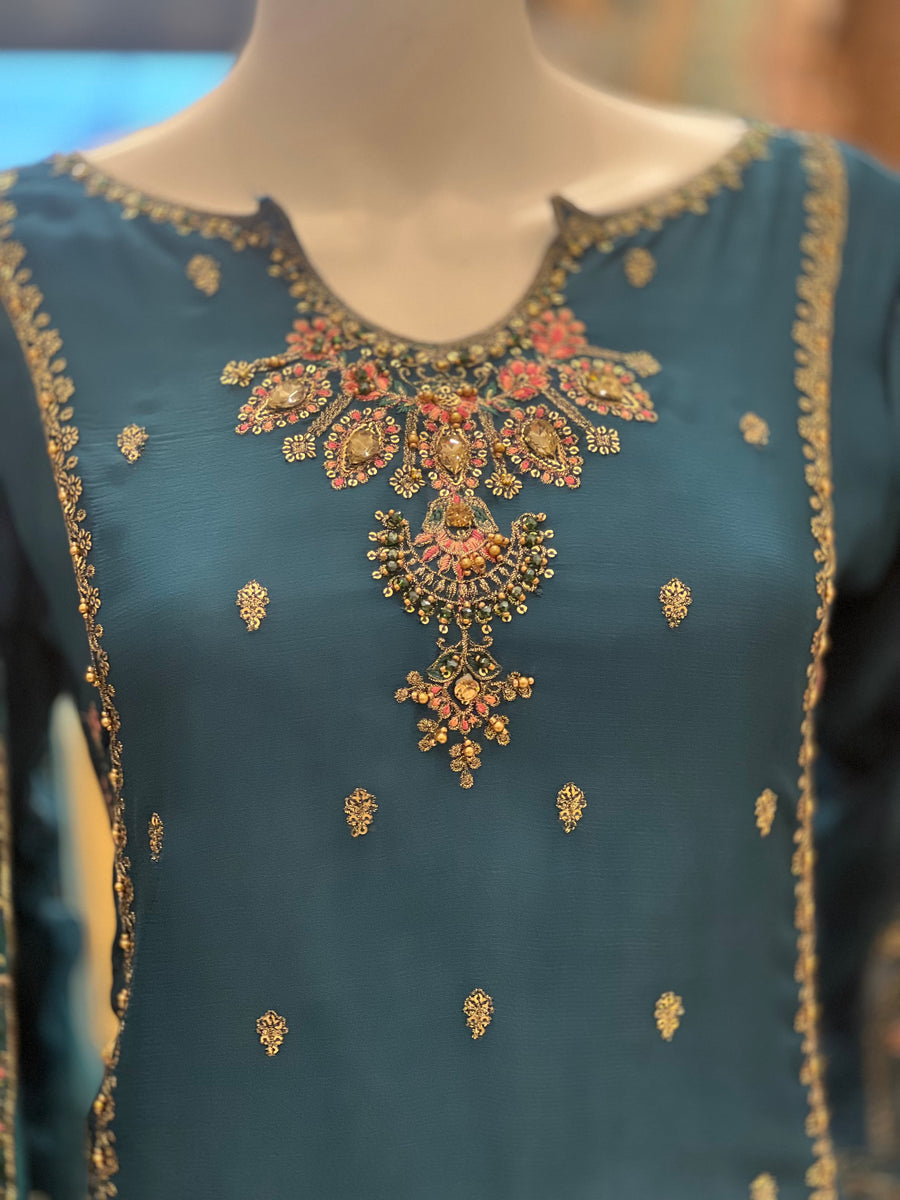 PRE ORDER - Kashish Vol - 2 Chiffon Shirt With Silk Garara & Net Scarf Eid Collection 2024 -RN05 - Teal