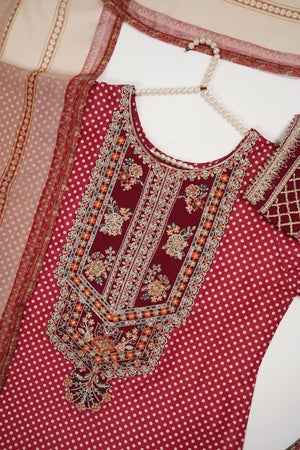 Rang-e-Noor Embroidered Crepe Silk Shirt with Plazzo bottoms and printed dupata  CL-01