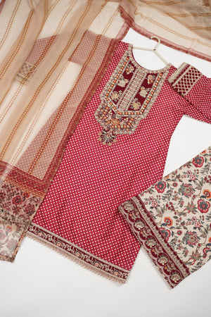 Rang-e-Noor Embroidered Crepe Silk Shirt with Plazzo bottoms and printed dupata  CL-01