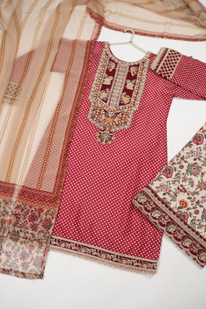 Rang-e-Noor Embroidered Crepe Silk Shirt with Plazzo bottoms and printed dupata  CL-01