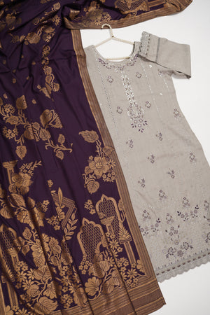 Original Tawakal Embroidered Viscose Jacquard Shirt With Viscose Trouser And Fancy Broshia Banarsi Dupata 
 VJ-02