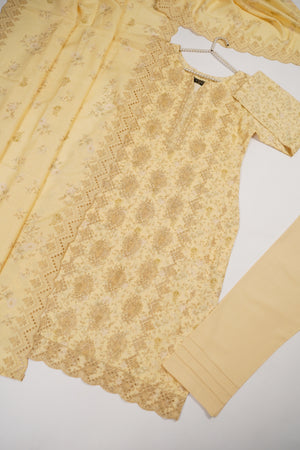 Original Kanwal by Sobia Waseem embroidered Dhanak shirt with printed scarf and plan bottom KS-01