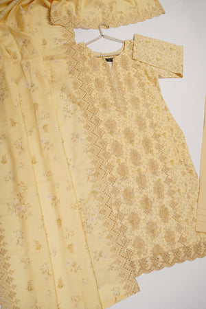 Original Kanwal by Sobia Waseem embroidered Dhanak shirt with printed scarf and plan bottom KS-01