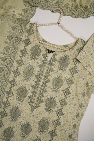 Original Kanwal by Sobia Waseem embroidered dhanak shirt with printed scarf and plan bottom KS-08