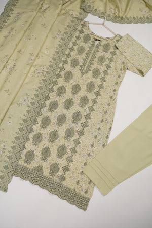 Original Kanwal by Sobia Waseem embroidered dhanak shirt with printed scarf and plan bottom KS-08