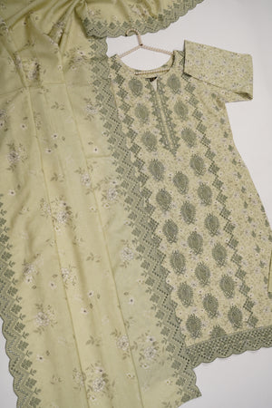 Original Kanwal by Sobia Waseem embroidered dhanak shirt with printed scarf and plan bottom KS-08