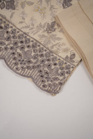Original Kanwal by Sobia Waseem embroidered Dhanak shirt with printed scarf and plan bottom KS-09
