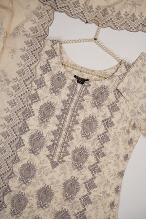 Original Kanwal by Sobia Waseem embroidered Dhanak shirt with printed scarf and plan bottom KS-09
