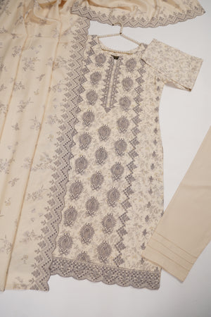 Original Kanwal by Sobia Waseem embroidered Dhanak shirt with printed scarf and plan bottom KS-09
