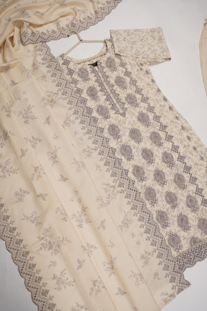 Original Kanwal by Sobia Waseem embroidered Dhanak shirt with printed scarf and plan bottom KS-09