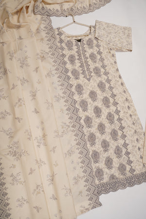 Original Kanwal by Sobia Waseem embroidered Dhanak shirt with printed scarf and plan bottom KS-09