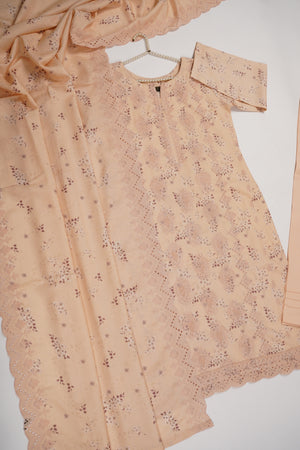 Original Kanwal by Sobia Waseem embroidered Dhanak shirt with printed scarf and plan bottom KS-04