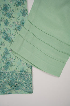 Original Kanwal by Sobia Waseem embroidered dhanak shirt with printed scarf and plan bottom KS-10