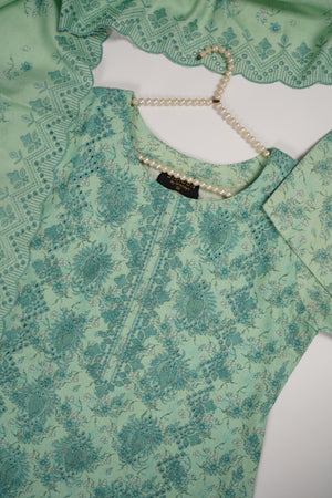 Original Kanwal by Sobia Waseem embroidered dhanak shirt with printed scarf and plan bottom KS-10