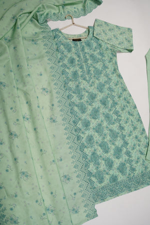 Original Kanwal by Sobia Waseem embroidered dhanak shirt with printed scarf and plan bottom KS-10