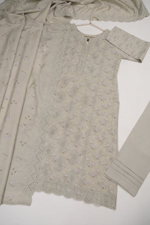 Original Kanwal by Sobia Waseem embroidered Dhanak shirt with printed scarf and plan bottom KS-03