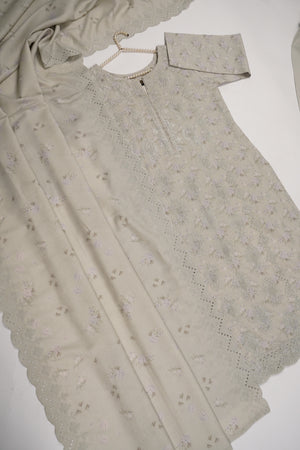 Original Kanwal by Sobia Waseem embroidered Dhanak shirt with printed scarf and plan bottom KS-03