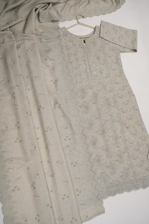 Original Kanwal by Sobia Waseem embroidered Dhanak shirt with printed scarf and plan bottom KS-03