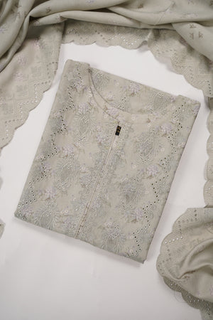 Original Kanwal by Sobia Waseem embroidered Dhanak shirt with printed scarf and plan bottom KS-03