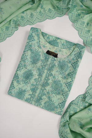 Original Kanwal by Sobia Waseem embroidered dhanak shirt with printed scarf and plan bottom KS-10