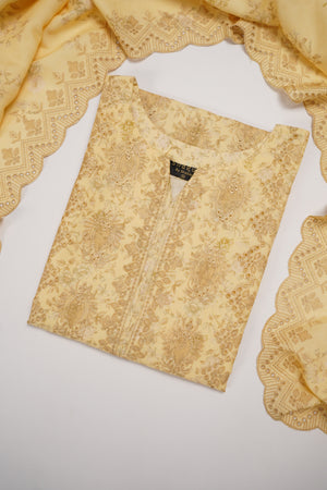 Original Kanwal by Sobia Waseem embroidered Dhanak shirt with printed scarf and plan bottom KS-01