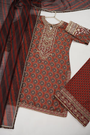 Rang-e-Noor Embroidered Crepe Silk Shirt With Plazzo Bottom And Printed Dupata CL-04