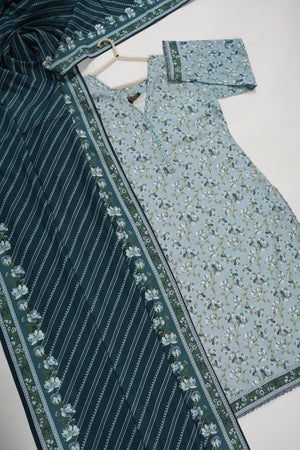 Original Bin Saeed printed Khaddar shirt with printed shawl and plan bottom ZT-15