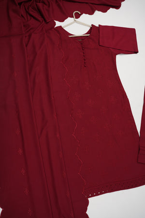 Maya Collection by Sobia Waseem Chikankari embroidered Dhanak Shirt with embroidered shawl and plan bottom MDC-03