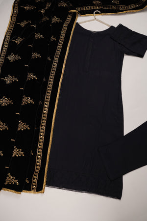 Shagun Linen Collection With Velvet Shawl YT-02 (Black)