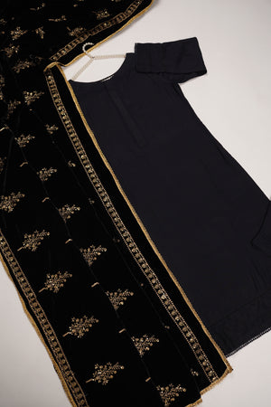 Shagun Linen Collection With Velvet Shawl YT-02 (Black)