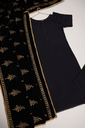 Shagun Linen Collection With Velvet Shawl YT-02 (Black)
