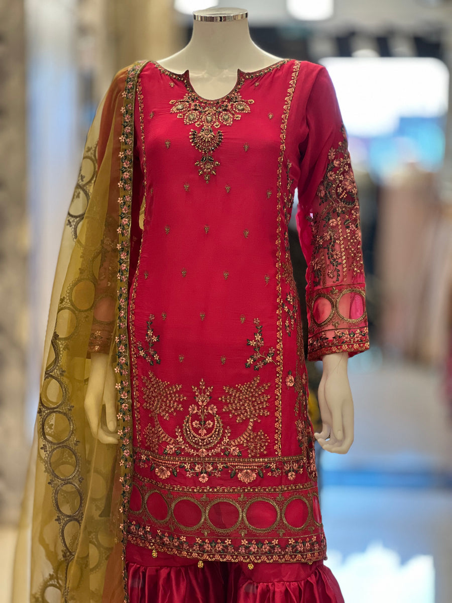 Pre Order Kashish Vol - 2 Chiffon Shirt With Silk Garara & Net Scarf Eid Collection 2024 -RN01-Pink