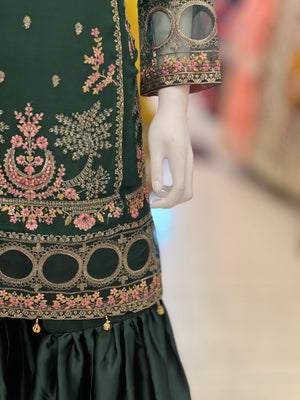 Kashish Vol - 2 Chiffon Shirt With Silk Garara & Net Scarf Eid Collection 2024 -RN02- Bottle Green