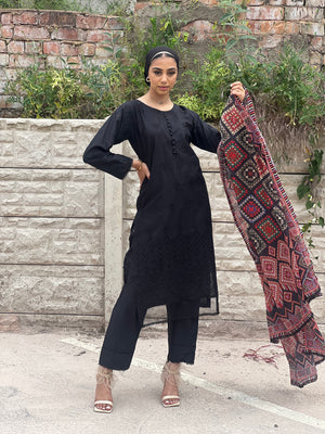 LAIBA-READY TO WEAR- CHIKANKARI EMBROIDERED LAWN WITH LAWN SCARF