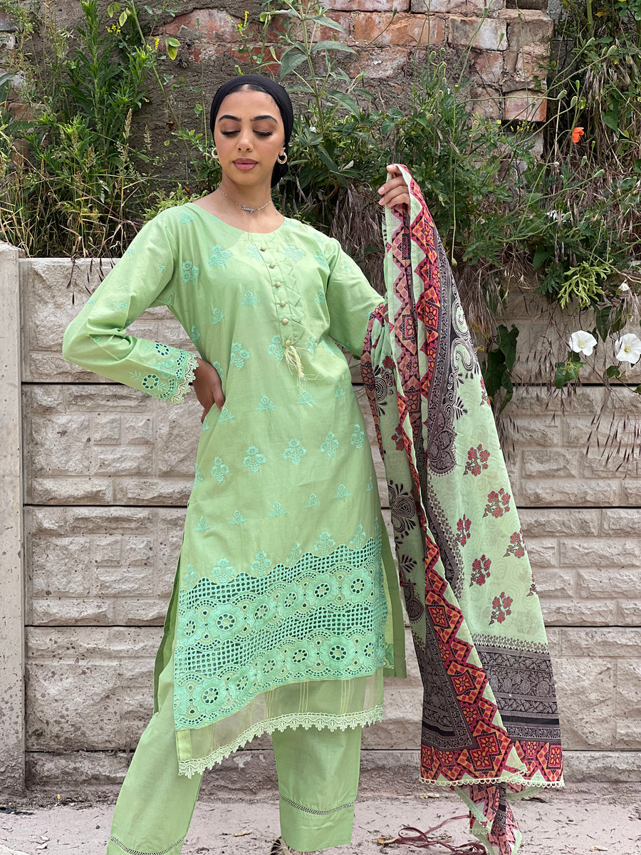 LAIBA-READY TO WEAR- CHIKANKARI EMBROIDERED LAWN WITH LAWN SCARF