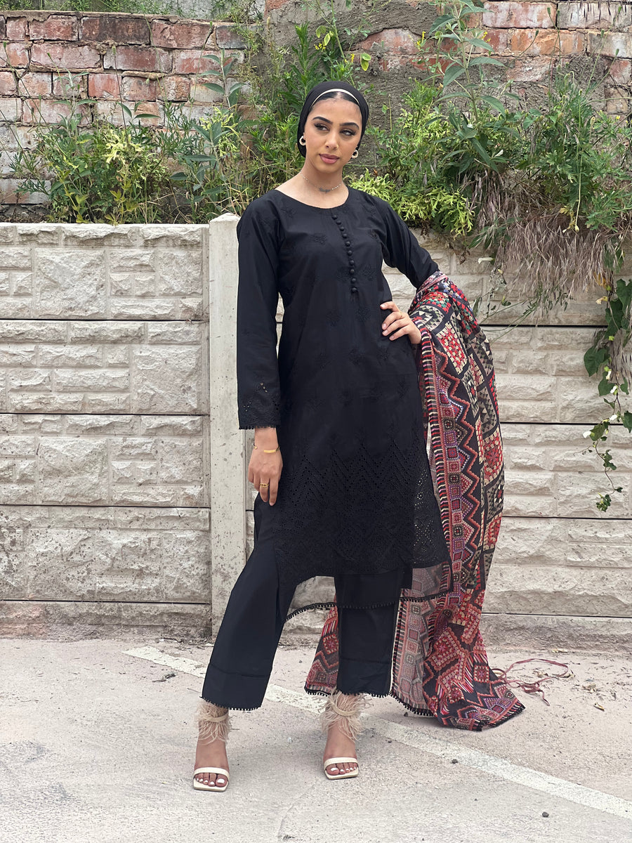 LAIBA-READY TO WEAR- CHIKANKARI EMBROIDERED LAWN WITH LAWN SCARF
