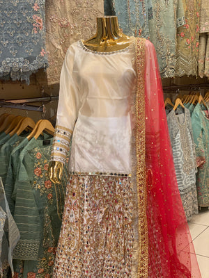 (Pre order ) (READY IN 8 WEEKS )New mirror plazzo with mirror lace kameez 3 pcs suit
